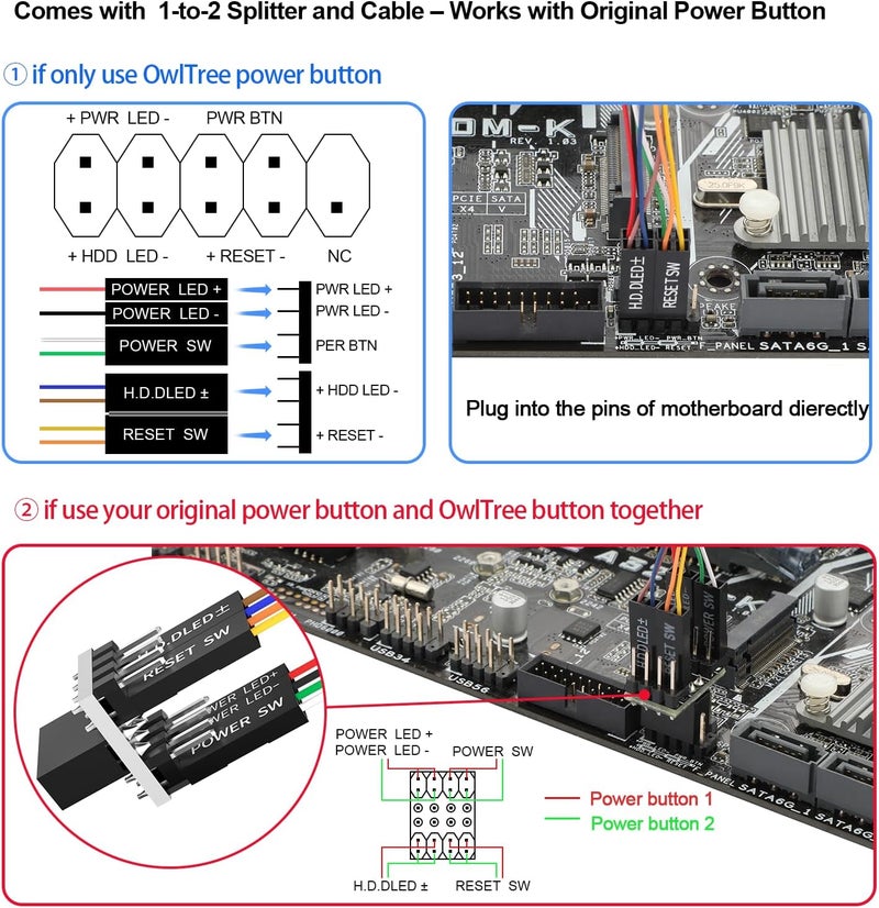 OwlTree PC Power Button, Desktop Switch Splitter ON Off Reset SW HDD LED PC External Power Supply Button for Computer Motherboard - Image 2